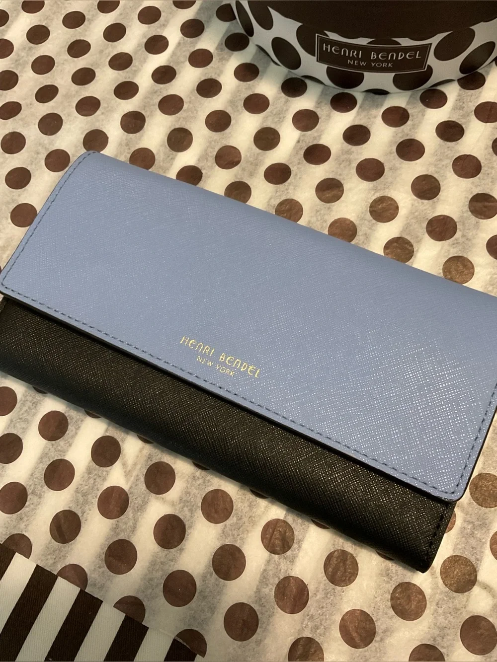 Henri Bendel West 57th Trifold Wallet Light Blue, Black and Olive w Dust Bag